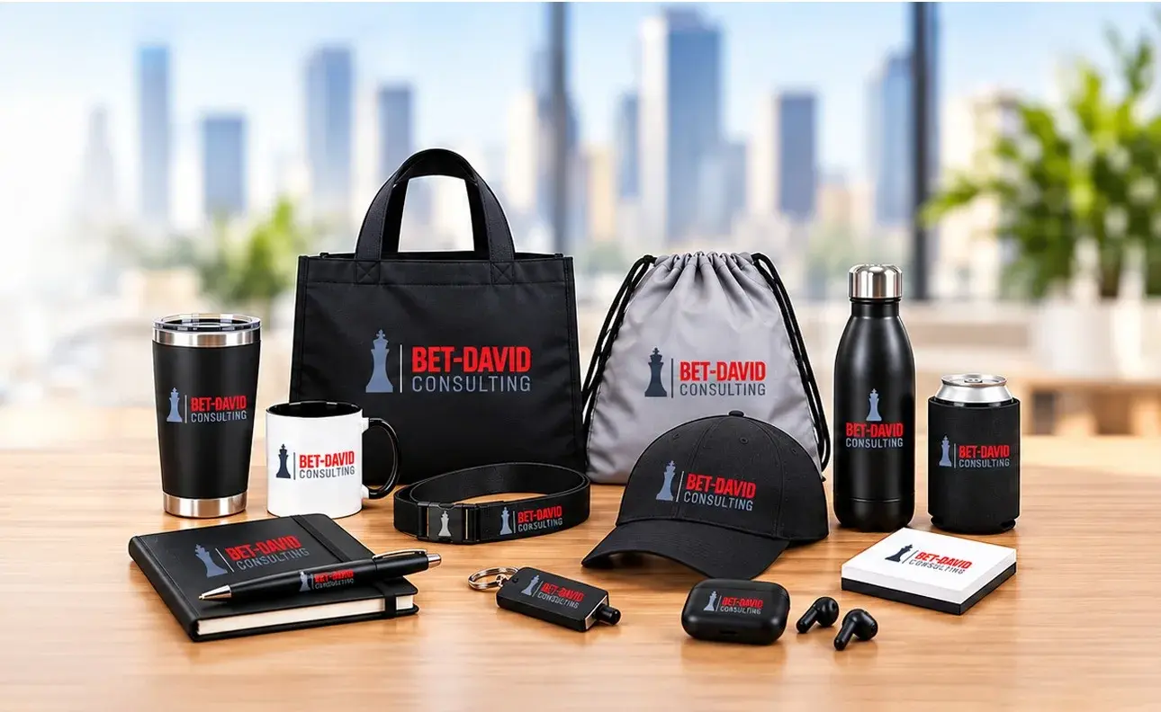 BET-DAVID branded tumbler, mug, tote, drawstring bag, cap, bottle, can cooler, journal, pen, lanyard, key fob, earbuds and sticky notes on an office desk, a city skyline behind